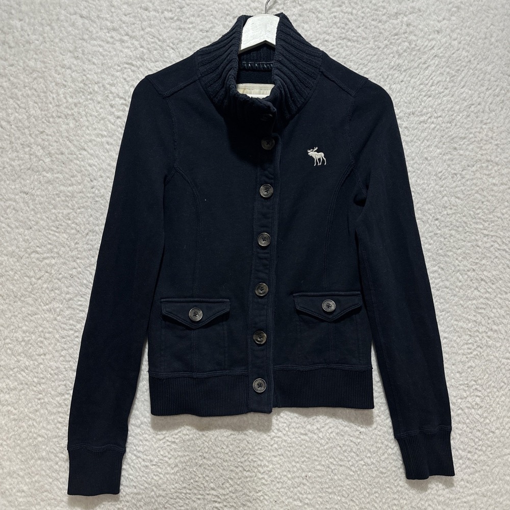 Abercrombie Fitch Y2K Cardigan Sweater Size M Navy Button Down High Neck Moose
